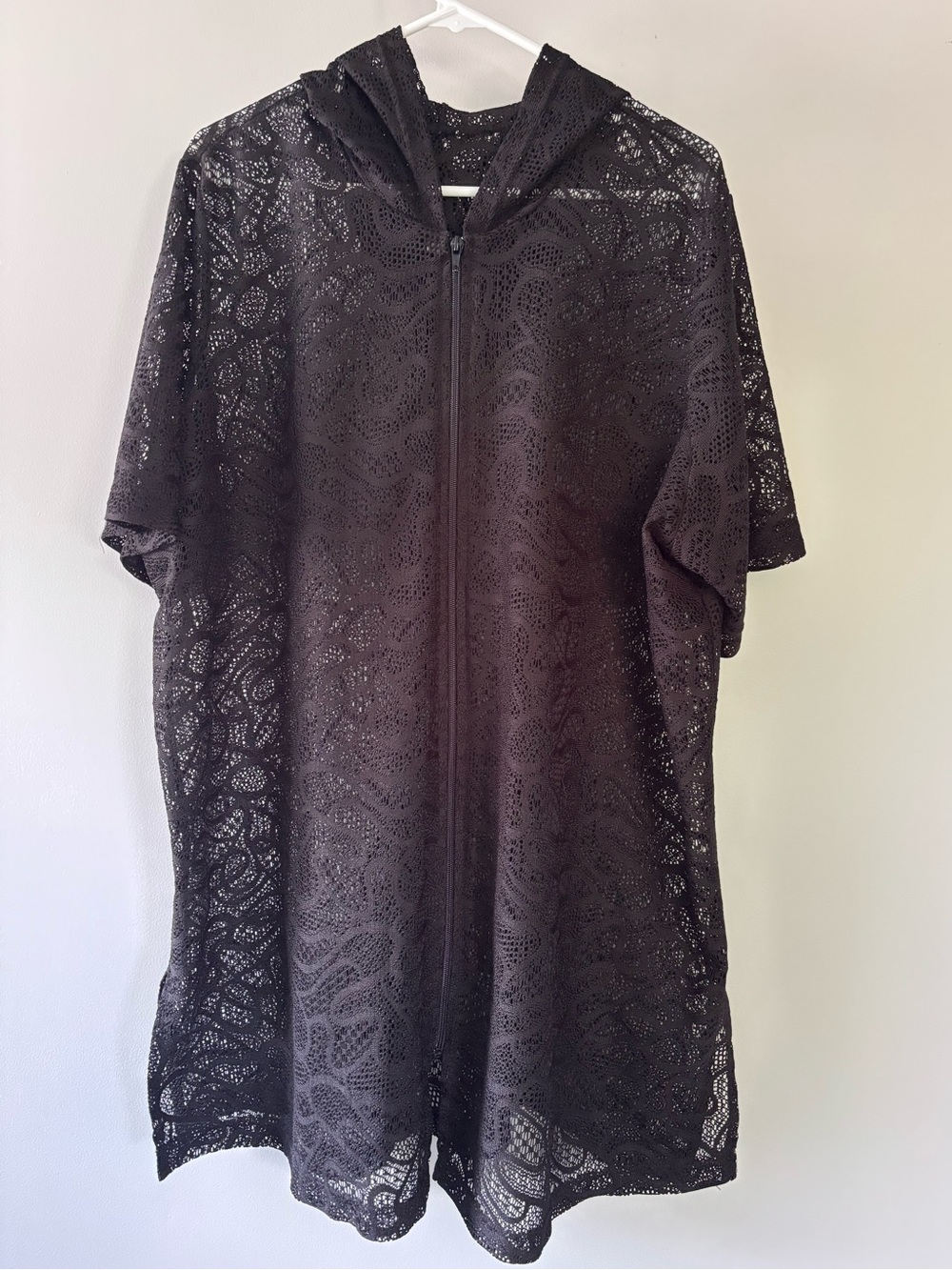 Black Lace Hooded Zip-Front Cover Up